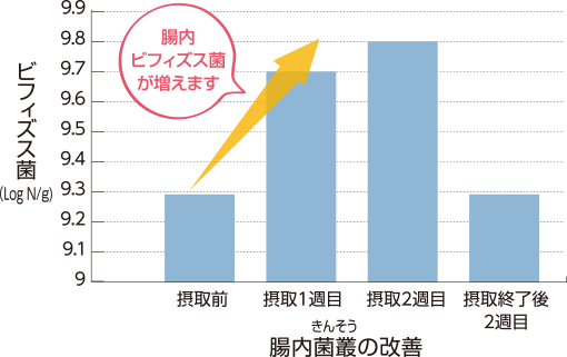 腸内菌叢の改善（摂取後の腸内ビフィズス菌の推移）腸内ビフィズス菌が増えます！