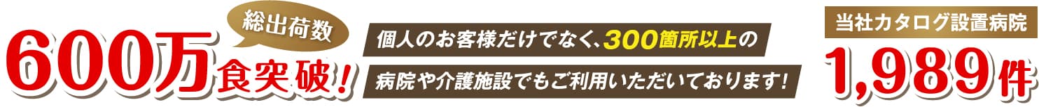 600万食突破 個人のお客様だけでなく、 300箇所以上の病院や介護施設でもご利用いただいております 当社カタログ設置病院1,989件