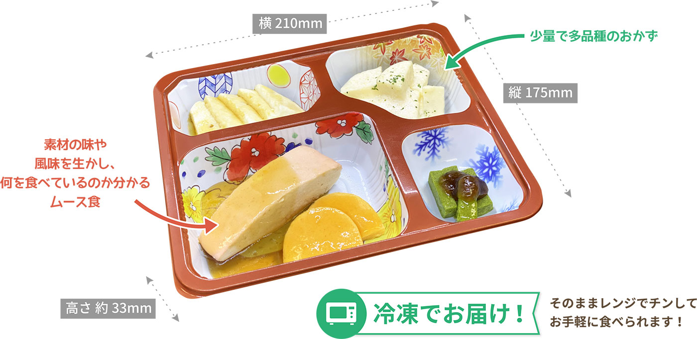 MFSムース食 お試しセット サイズ 縦175ミリ 横210ミリ 高さ33ミリ 少量で多品種のおかず 見た目、風味、栄養価を残して、やわらかい食事 冷凍でお届け そのままレンジでチンしてお手軽に食べられます