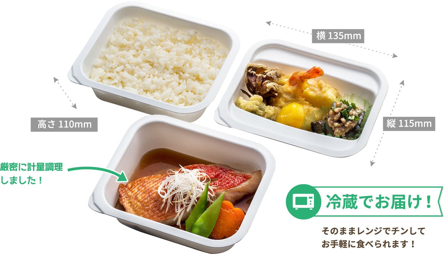 プレミアム タンパク制限食A お試しセットのサイズ 縦115ミリ 横135ミリ 高さ110ミリ 厳密に計量調理しました 冷蔵でお届け そのままレンジでチンしてお手軽に食べられます