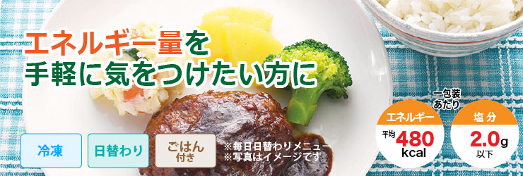 エネルギー量を手軽に気をつけたい方に。冷凍・日替わり・ごはん付きで1包装あたりエネルギー平均で480kcal、塩分量2.0g以下です。